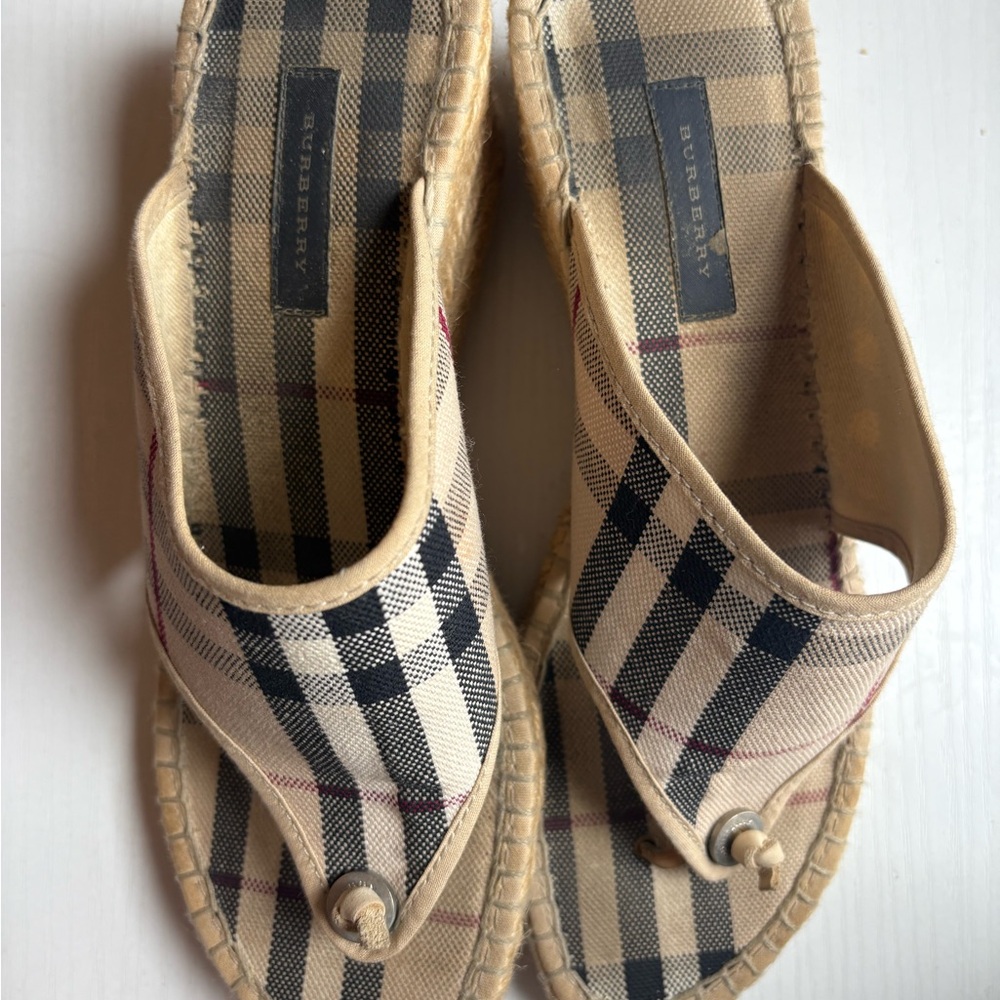 Burberry Plaid Wedge Sandals in Beige